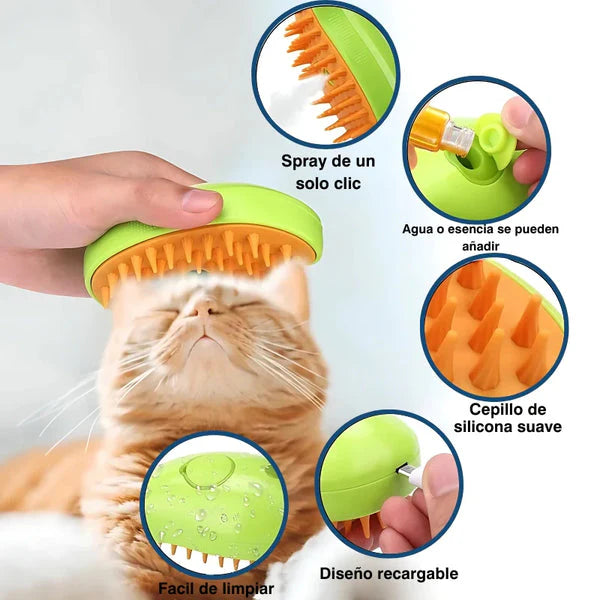 Cepillo de Vapor 3 en 1 para Mascotas – USB, Autolimpiante y Masajeador | Naranjo y Verde