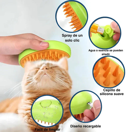 Cepillo de Vapor 3 en 1 para Mascotas – USB, Autolimpiante y Masajeador | Naranjo y Verde