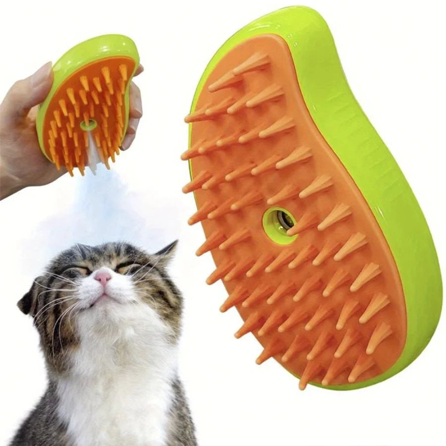 Cepillo de Vapor 3 en 1 para Mascotas – USB, Autolimpiante y Masajeador | Naranjo y Verde